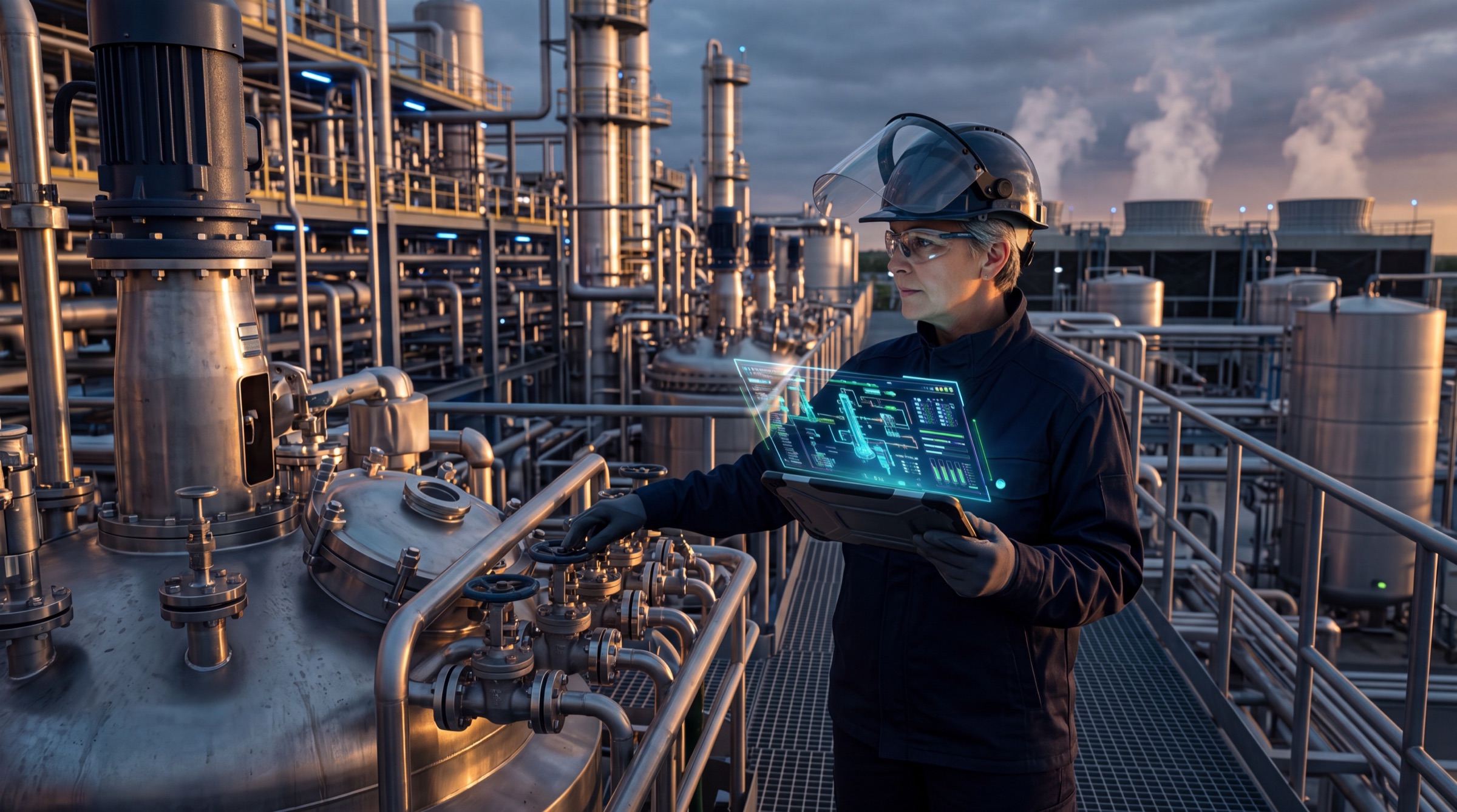 Process safety engineer using an augmented-reality tablet to inspect plant valves and instrumentation